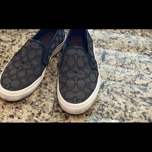 Women’s black Coach signature print canvas slip on shoes 7 1/2 M. Heavily used
